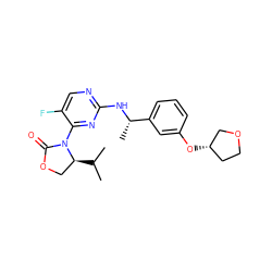 CC(C)[C@H]1COC(=O)N1c1nc(N[C@@H](C)c2cccc(O[C@H]3CCOC3)c2)ncc1F ZINC000221306060