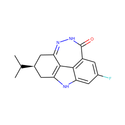 CC(C)[C@H]1Cc2n[nH]c(=O)c3cc(F)cc4[nH]c(c2c43)C1 ZINC000150194002