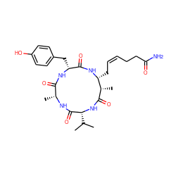 CC(C)[C@H]1NC(=O)[C@@H](C)[C@@H](C/C=C\CCC(N)=O)NC(=O)[C@@H](Cc2ccc(O)cc2)NC(=O)[C@@H](C)NC1=O ZINC000014858635