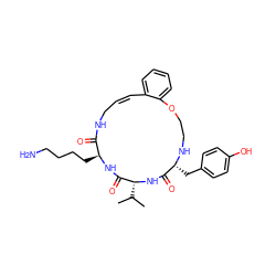 CC(C)[C@H]1NC(=O)[C@@H](Cc2ccc(O)cc2)NCCOc2ccccc2/C=C/CNC(=O)[C@H](CCCCN)NC1=O ZINC000036160655