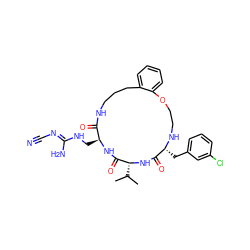 CC(C)[C@H]1NC(=O)[C@@H](Cc2cccc(Cl)c2)NCCOc2ccccc2CCCNC(=O)[C@H](CN/C(N)=N/C#N)NC1=O ZINC000028823464