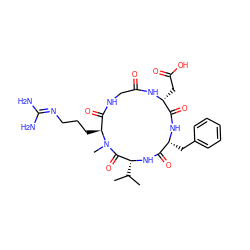 CC(C)[C@H]1NC(=O)[C@@H](Cc2ccccc2)NC(=O)[C@@H](CC(=O)O)NC(=O)CNC(=O)[C@H](CCCN=C(N)N)N(C)C1=O ZINC000026830392