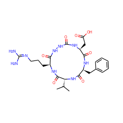 CC(C)[C@H]1NC(=O)[C@H](Cc2ccccc2)NC(=O)[C@H](CC(=O)O)NC(=O)NNC(=O)[C@H](CCCN=C(N)N)NC1=O ZINC000096904356