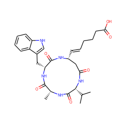 CC(C)[C@H]1NC(=O)C[C@@H](/C=C/CCCC(=O)O)NC(=O)[C@@H](Cc2c[nH]c3ccccc23)NC(=O)[C@@H](C)NC1=O ZINC000299840366