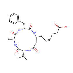 CC(C)[C@H]1NC(=O)C[C@@H](C/C=C\CCC(=O)O)NC(=O)[C@@H](Cc2ccccc2)NC(=O)[C@@H](C)NC1=O ZINC000299836491