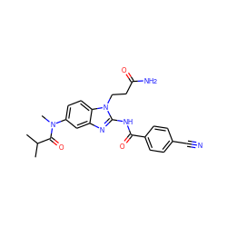 CC(C)C(=O)N(C)c1ccc2c(c1)nc(NC(=O)c1ccc(C#N)cc1)n2CCC(N)=O ZINC000040862336