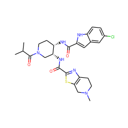 CC(C)C(=O)N1CC[C@H](NC(=O)c2cc3cc(Cl)ccc3[nH]2)[C@H](NC(=O)c2nc3c(s2)CN(C)CC3)C1 ZINC000029128359