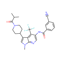 CC(C)C(=O)N1CCC(c2cn(C)c3ncc(NC(=O)c4cccc(C#N)c4)c(C(F)(F)F)c23)CC1 ZINC001501054787