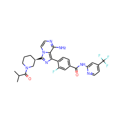 CC(C)C(=O)N1CCC[C@@H](c2nc(-c3ccc(C(=O)Nc4cc(C(F)(F)F)ccn4)cc3F)c3c(N)nccn23)C1 ZINC001772647286