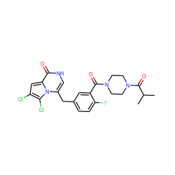 CC(C)C(=O)N1CCN(C(=O)c2cc(Cc3c[nH]c(=O)c4cc(Cl)c(Cl)n34)ccc2F)CC1 ZINC000045340094