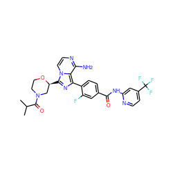 CC(C)C(=O)N1CCO[C@@H](c2nc(-c3ccc(C(=O)Nc4cc(C(F)(F)F)ccn4)cc3F)c3c(N)nccn23)C1 ZINC001772613504