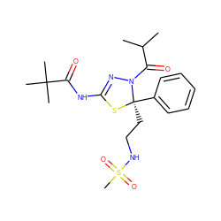 CC(C)C(=O)N1N=C(NC(=O)C(C)(C)C)S[C@]1(CCNS(C)(=O)=O)c1ccccc1 ZINC000036489444