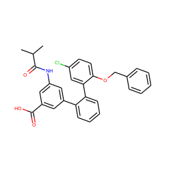 CC(C)C(=O)Nc1cc(C(=O)O)cc(-c2ccccc2-c2cc(Cl)ccc2OCc2ccccc2)c1 ZINC000038804324