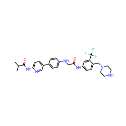 CC(C)C(=O)Nc1ccc(-c2ccc(NCC(=O)Nc3ccc(CN4CCNCC4)c(C(F)(F)F)c3)cc2)cn1 ZINC000653901747