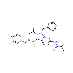 CC(C)C(=O)Nc1ccc2c(C(=O)NCc3ccc(F)c(F)c3)c(C(C)C)n(Cc3ccccc3)c2c1 ZINC000096172140