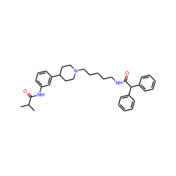 CC(C)C(=O)Nc1cccc(C2CCN(CCCCCNC(=O)C(c3ccccc3)c3ccccc3)CC2)c1 ZINC000028710174