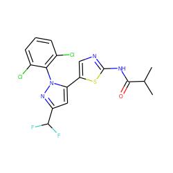 CC(C)C(=O)Nc1ncc(-c2cc(C(F)F)nn2-c2c(Cl)cccc2Cl)s1 ZINC000072232826