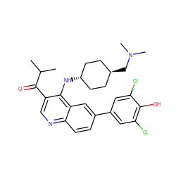 CC(C)C(=O)c1cnc2ccc(-c3cc(Cl)c(O)c(Cl)c3)cc2c1N[C@H]1CC[C@H](CN(C)C)CC1 ZINC000473152121