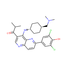 CC(C)C(=O)c1cnc2ccc(-c3cc(Cl)c(O)c(Cl)c3)nc2c1N[C@H]1CC[C@H](CN(C)C)CC1 ZINC000473194495