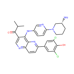 CC(C)C(=O)c1cnc2ccc(-c3cc(Cl)c(O)c(Cl)c3)nc2c1Nc1ccc(N2CCC[C@@H](N)C2)nc1 ZINC000473194814