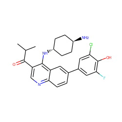 CC(C)C(=O)c1cnc2ccc(-c3cc(F)c(O)c(Cl)c3)cc2c1N[C@H]1CC[C@H](N)CC1 ZINC000473194449