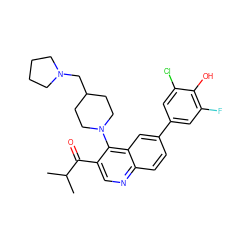 CC(C)C(=O)c1cnc2ccc(-c3cc(F)c(O)c(Cl)c3)cc2c1N1CCC(CN2CCCC2)CC1 ZINC000215726902