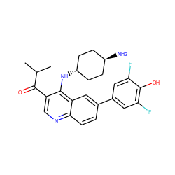 CC(C)C(=O)c1cnc2ccc(-c3cc(F)c(O)c(F)c3)cc2c1N[C@H]1CC[C@H](N)CC1 ZINC000473194967