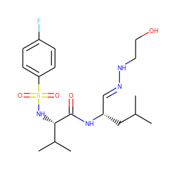 CC(C)C[C@@H](/C=N/NCCO)NC(=O)[C@@H](NS(=O)(=O)c1ccc(F)cc1)C(C)C ZINC000013442652