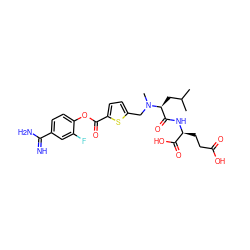 CC(C)C[C@@H](C(=O)N[C@@H](CCC(=O)O)C(=O)O)N(C)Cc1ccc(C(=O)Oc2ccc(C(=N)N)cc2F)s1 ZINC000205938495