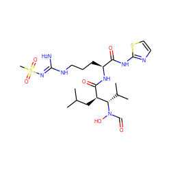 CC(C)C[C@@H](C(=O)N[C@@H](CCCN/C(N)=N/S(C)(=O)=O)C(=O)Nc1nccs1)[C@H](C(C)C)N(O)C=O ZINC000027427012