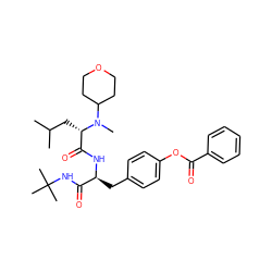 CC(C)C[C@@H](C(=O)N[C@@H](Cc1ccc(OC(=O)c2ccccc2)cc1)C(=O)NC(C)(C)C)N(C)C1CCOCC1 ZINC000028011505