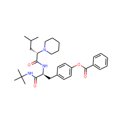 CC(C)C[C@@H](C(=O)N[C@@H](Cc1ccc(OC(=O)c2ccccc2)cc1)C(=O)NC(C)(C)C)N1CCCCC1 ZINC000027999833