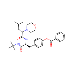 CC(C)C[C@@H](C(=O)N[C@@H](Cc1ccc(OC(=O)c2ccccc2)cc1)C(=O)NC(C)(C)C)N1CCOCC1 ZINC000028002846