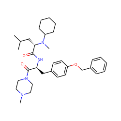 CC(C)C[C@@H](C(=O)N[C@@H](Cc1ccc(OCc2ccccc2)cc1)C(=O)N1CCN(C)CC1)N(C)C1CCCCC1 ZINC000029482088