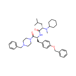 CC(C)C[C@@H](C(=O)N[C@@H](Cc1ccc(OCc2ccccc2)cc1)C(=O)N1CCN(Cc2ccccc2)CC1)N(C)C1CCCCC1 ZINC000029488876