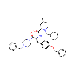 CC(C)C[C@@H](C(=O)N[C@@H](Cc1ccc(OCc2ccccc2)cc1)C(=O)N1CCN(Cc2ccccc2)CC1)N(C)CC1CCCCC1 ZINC000029485796