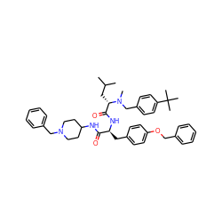 CC(C)C[C@@H](C(=O)N[C@@H](Cc1ccc(OCc2ccccc2)cc1)C(=O)NC1CCN(Cc2ccccc2)CC1)N(C)Cc1ccc(C(C)(C)C)cc1 ZINC000029486061