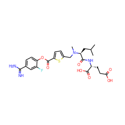 CC(C)C[C@@H](C(=O)N[C@H](CCC(=O)O)C(=O)O)N(C)Cc1ccc(C(=O)Oc2ccc(C(=N)N)cc2F)s1 ZINC000205938542