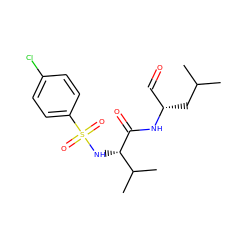 CC(C)C[C@@H](C=O)NC(=O)[C@@H](NS(=O)(=O)c1ccc(Cl)cc1)C(C)C ZINC000013493512