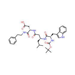 CC(C)C[C@@H](CC(=O)N[C@@H](CC(=O)O)C(=O)NCCc1ccccc1)NC(=O)[C@@H](Cc1c[nH]c2ccccc12)NC(=O)OC(C)(C)C ZINC000027562294