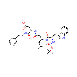 CC(C)C[C@@H](CC(=O)N[C@H](CC(=O)O)C(=O)NCCc1ccccc1)NC(=O)[C@@H](Cc1c[nH]c2ccccc12)NC(=O)OC(C)(C)C ZINC000027562297