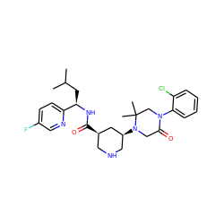 CC(C)C[C@@H](NC(=O)[C@@H]1CNC[C@H](N2CC(=O)N(c3ccccc3Cl)CC2(C)C)C1)c1ccc(F)cn1 ZINC000096283062