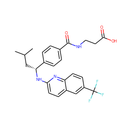 CC(C)C[C@@H](Nc1ccc2cc(C(F)(F)F)ccc2n1)c1ccc(C(=O)NCCC(=O)O)cc1 ZINC000146596788