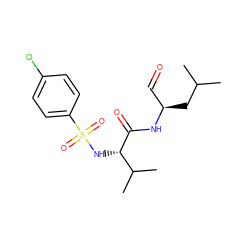 CC(C)C[C@H](C=O)NC(=O)[C@@H](NS(=O)(=O)c1ccc(Cl)cc1)C(C)C ZINC000027985458