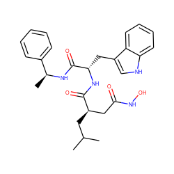 CC(C)C[C@H](CC(=O)NO)C(=O)N[C@@H](Cc1c[nH]c2ccccc12)C(=O)N[C@@H](C)c1ccccc1 ZINC000003780030