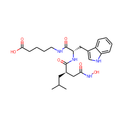 CC(C)C[C@H](CC(=O)NO)C(=O)N[C@@H](Cc1c[nH]c2ccccc12)C(=O)NCCCCC(=O)O ZINC000027091021