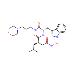 CC(C)C[C@H](CC(=O)NO)C(=O)N[C@@H](Cc1c[nH]c2ccccc12)C(=O)NCCCN1CCOCC1 ZINC000026292250