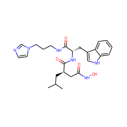 CC(C)C[C@H](CC(=O)NO)C(=O)N[C@@H](Cc1c[nH]c2ccccc12)C(=O)NCCCn1ccnc1 ZINC000013776920