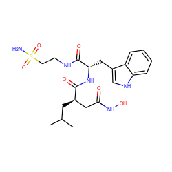 CC(C)C[C@H](CC(=O)NO)C(=O)N[C@@H](Cc1c[nH]c2ccccc12)C(=O)NCCS(N)(=O)=O ZINC000027089754