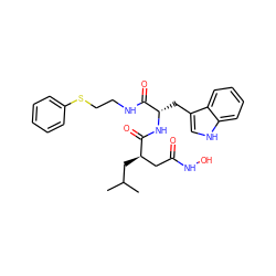 CC(C)C[C@H](CC(=O)NO)C(=O)N[C@@H](Cc1c[nH]c2ccccc12)C(=O)NCCSc1ccccc1 ZINC000027076488